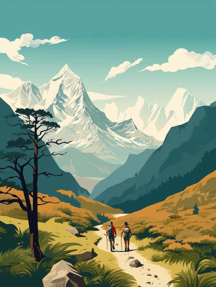 Great Himalaya Trail Nepal 2 Vintage Travel Illustration