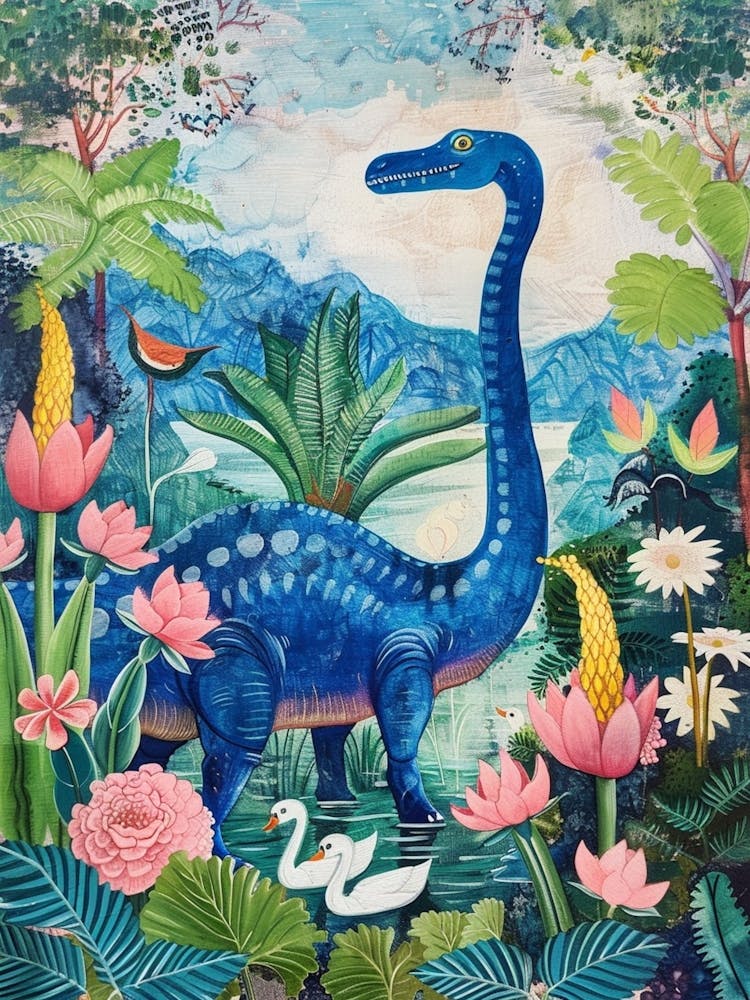 Dinosaur With Swans Painting 1