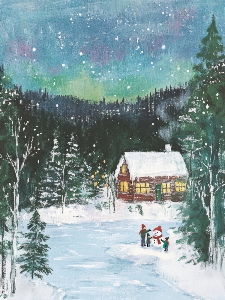 House in the Forest. Whimsical Christmas Acrylic Landscape