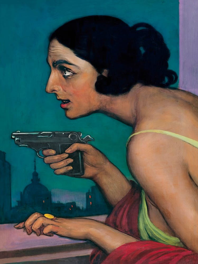 Woman With A Gun, Dark, Moody Vintage Woman Portrait