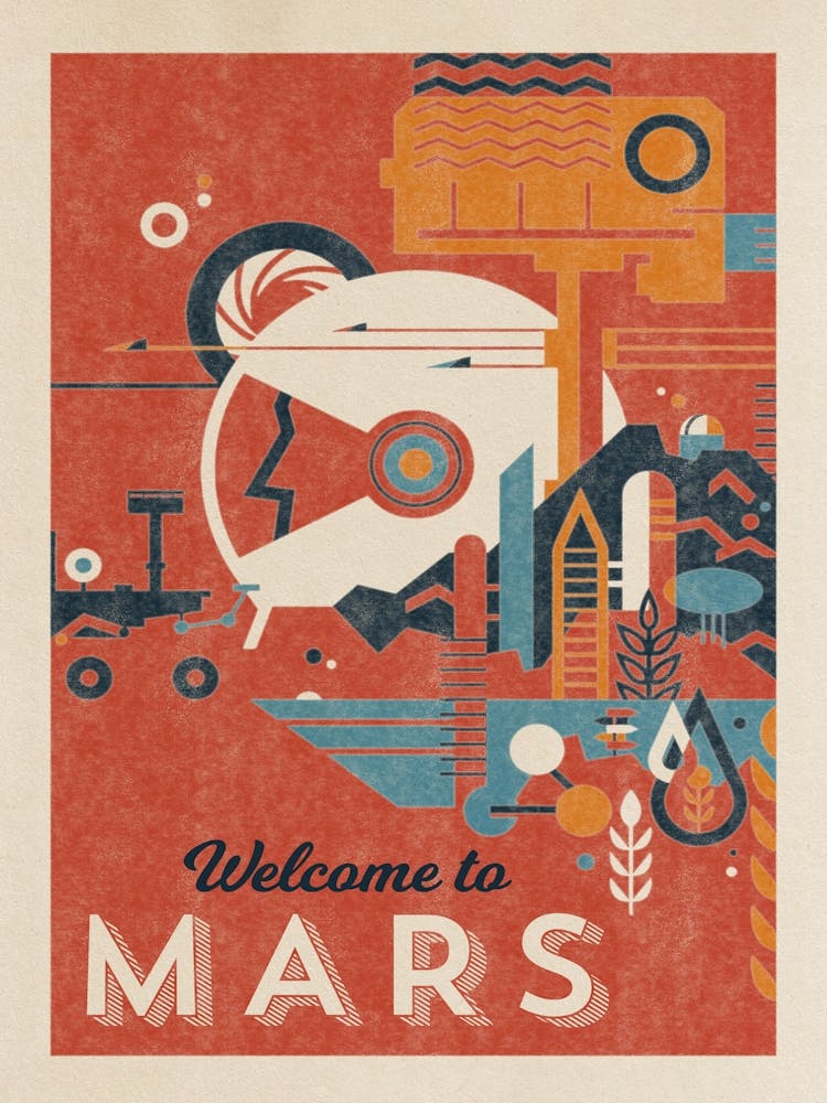 Welcome to Mars — Vintage space poster, retro space art, propaganda poster, retrofuturism, retro sci-fi