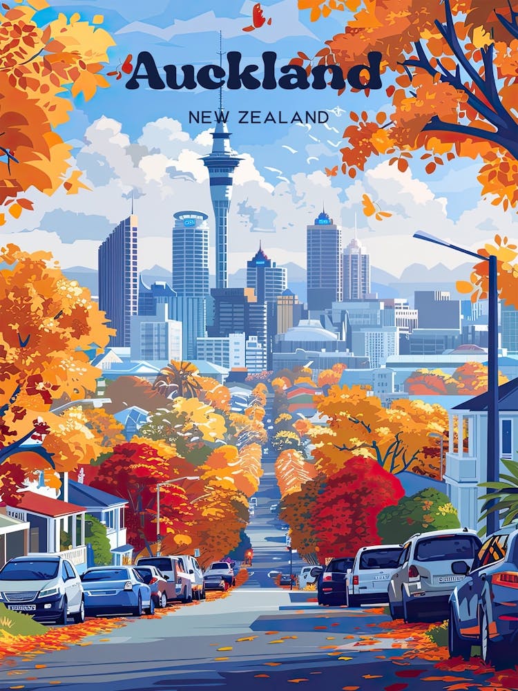 Auckland New Zealand Cityscape Digital Travel Illustration
