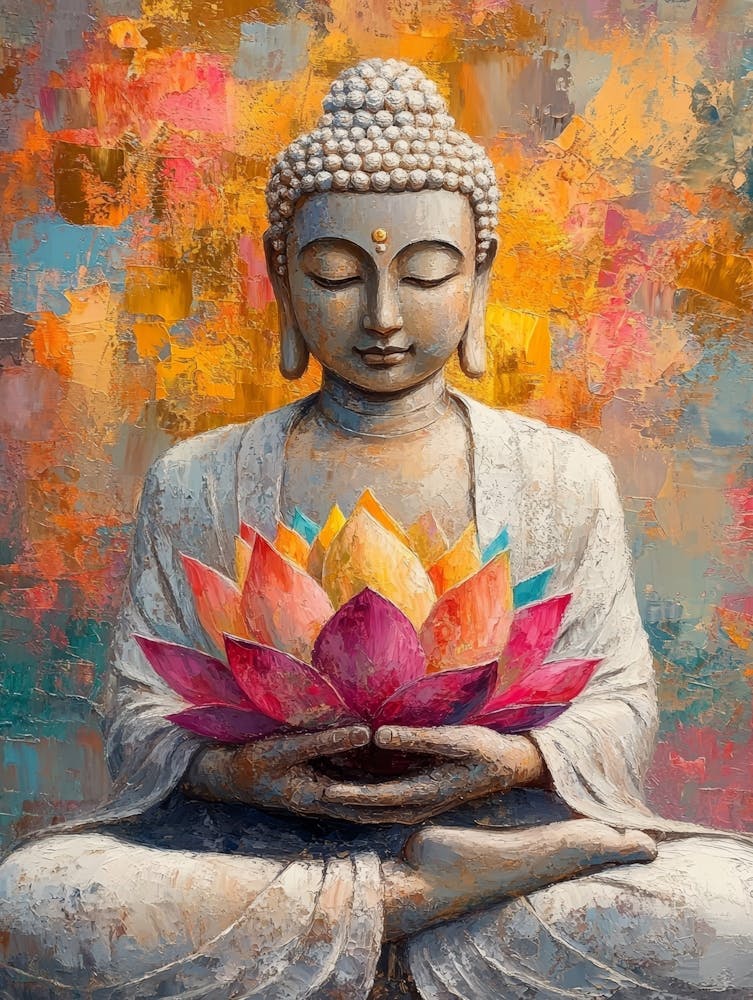 Buddha Holding Colorful Lotus Flower