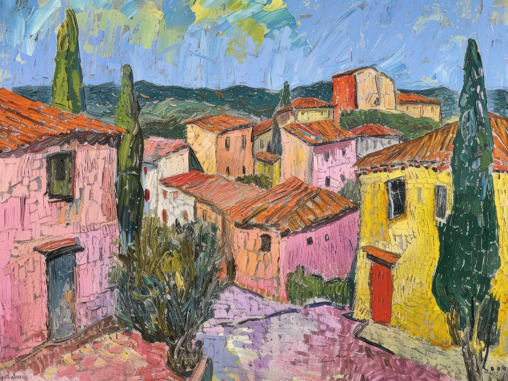 Village Countryside Colors Painting Inspired By Paul Cezanne