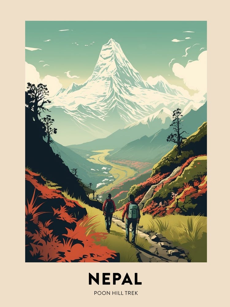 Poon Hill Trek Nepal 3 Affiche de voyage de randonnée vintage