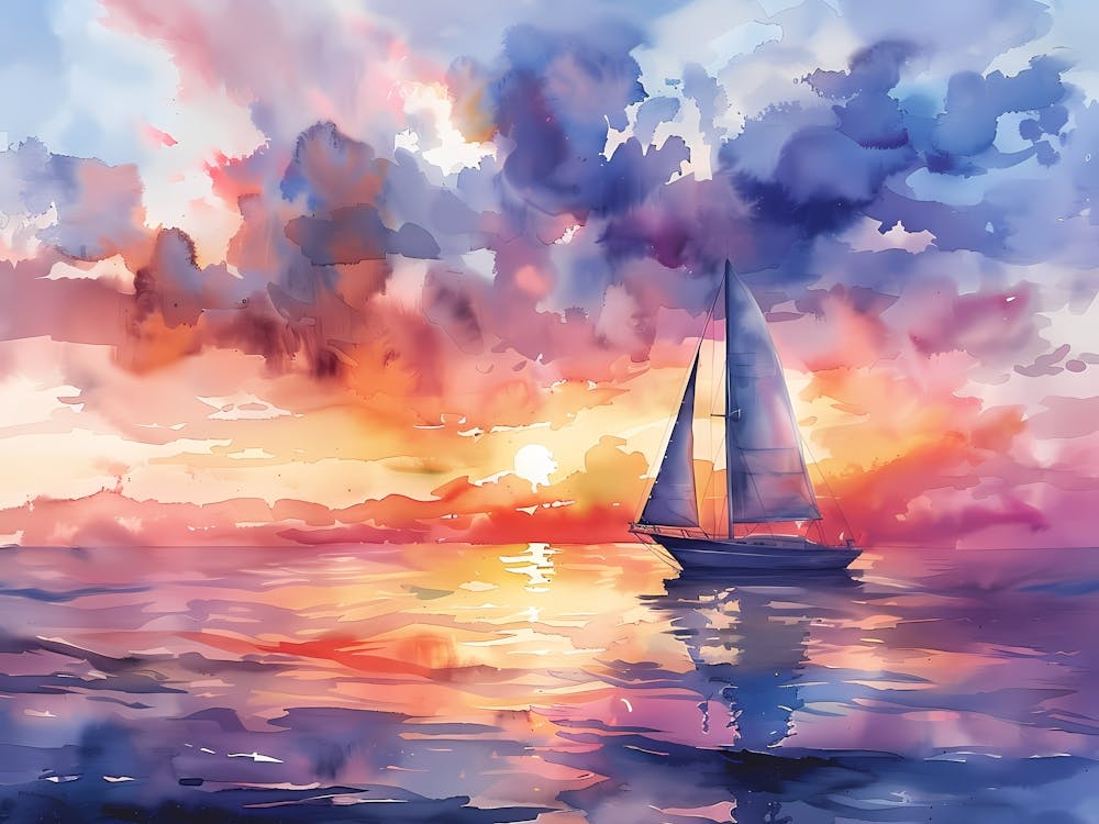 Watercolor Sailboat At Sunset