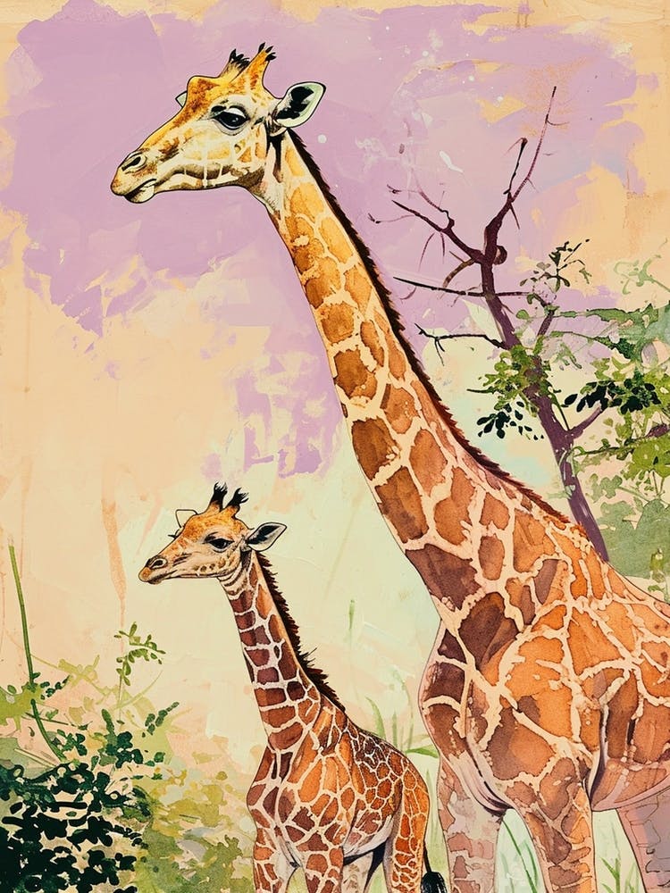 Sweet Giraffe & Calf Illustration 3