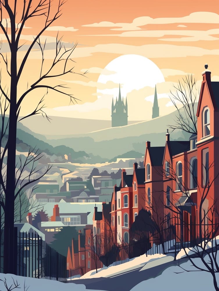 Vintage Winter Travel Illustration Belfast Northern Ireland