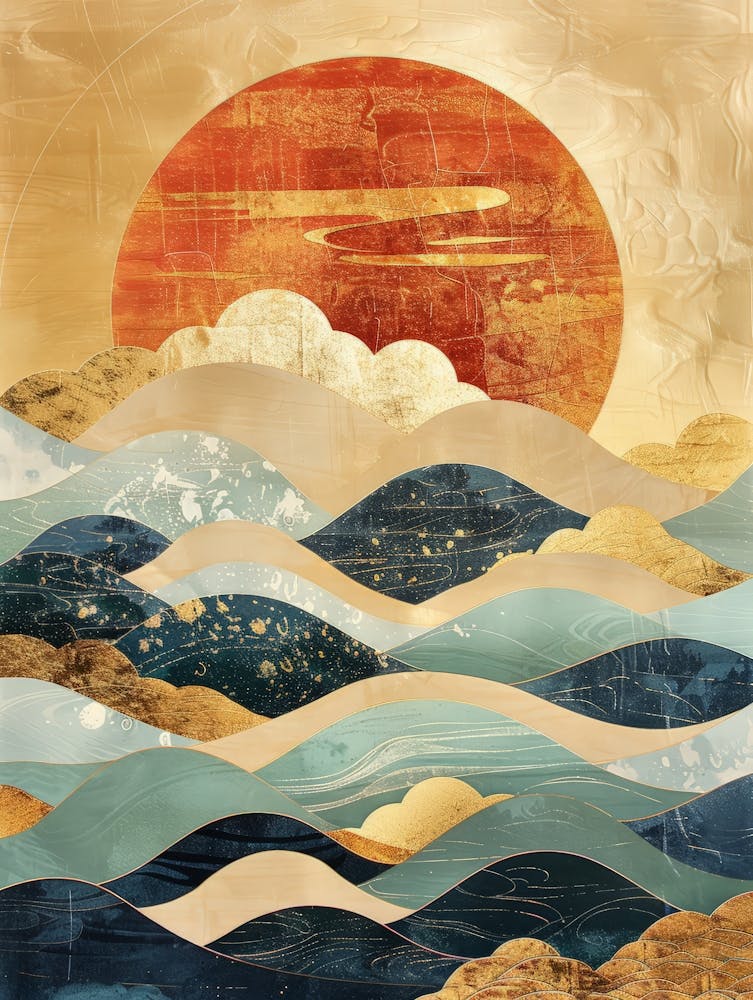 Title: "Dawn's Gentle Rise"  Description: In "Dawn's Gentle Rise," the serene beauty of daybreak is captured through soft gradients and flowing forms. The sun, depicted as a large, pale orb, emerges from the horizon, its light diffusing in muted, pastel b