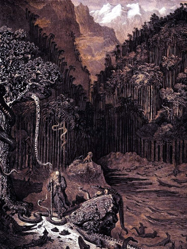 Illustration for the Legend of the Wandering Jew: Trees interwined with snakes he walks beneath, Safe through dark valleys ripe with hideous death - Gustave Doré, 1860 HD Remastered