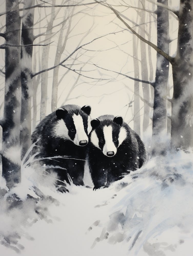 Winter Watercolour Badger 2