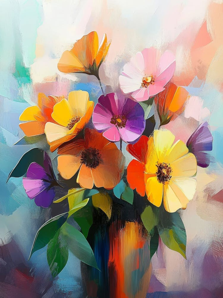 Oil Painting Abstract Colorful Bouquet Flowers And Green Leaf With Vase