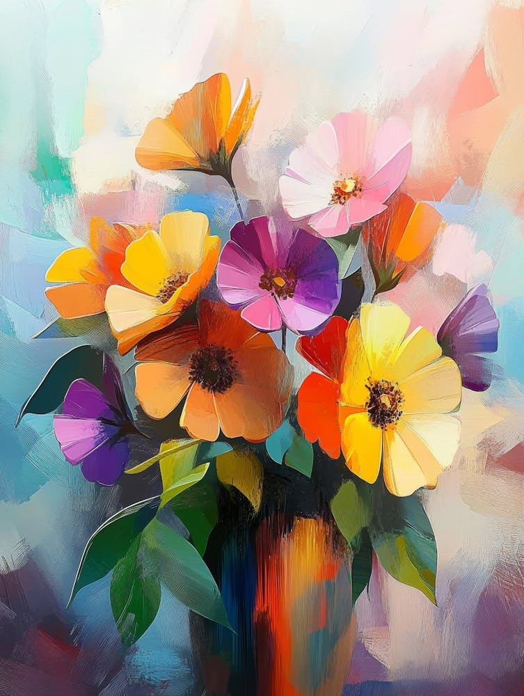 Oil Painting Abstract Colorful Bouquet Flowers And Green Leaf With Vase