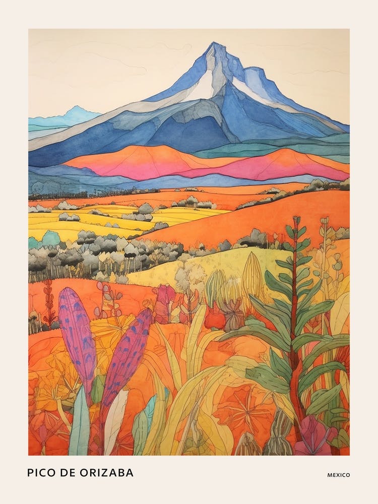 Pico De Orizaba Mexico 2 Colourful Mountain Illustration Poster