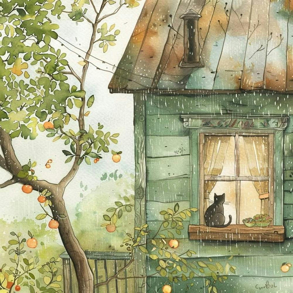 Lass mich rein Es regnet - Schwarze Katze am Fenster des alten Bauernhauses Aquarell~ Americana Vintage Heile Kunstdeko | Verträumt Idyllisch