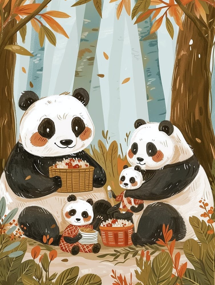 Giant Panda Family Picnicking In The Woods Storybook Illustration 2
