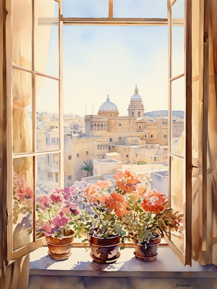 Window View Of Valletta Malta In Autumn Fall, Watercolour 4
