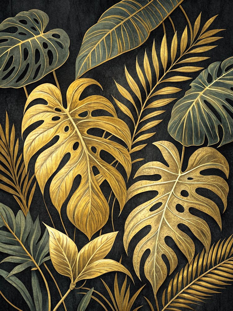 Oil Painting Style Golden Line Art Of Tropical Leave