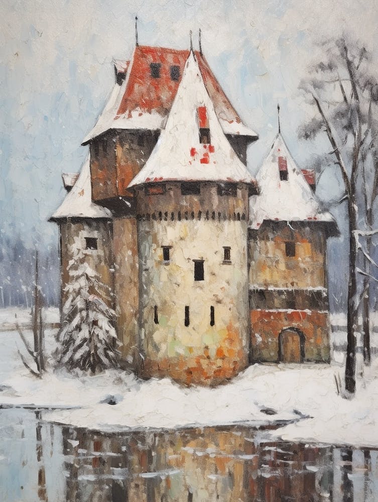 Vintage Winter Painting Trakai Castle Lithuania