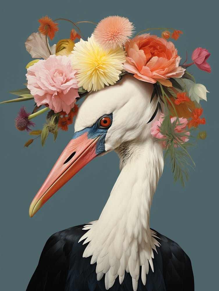 Cigogne - Oiseau avec une couronne de fleurs 2