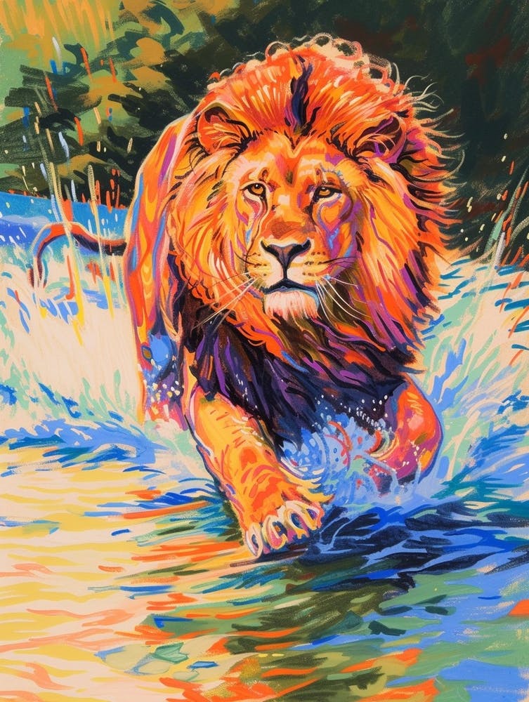 Asiatic Lion Crossing A River Fauvist Painting 1