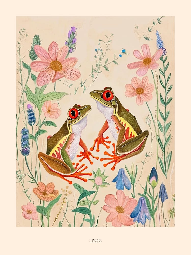 Affiche Grenouille Dessin Animalier Floral Folklorique