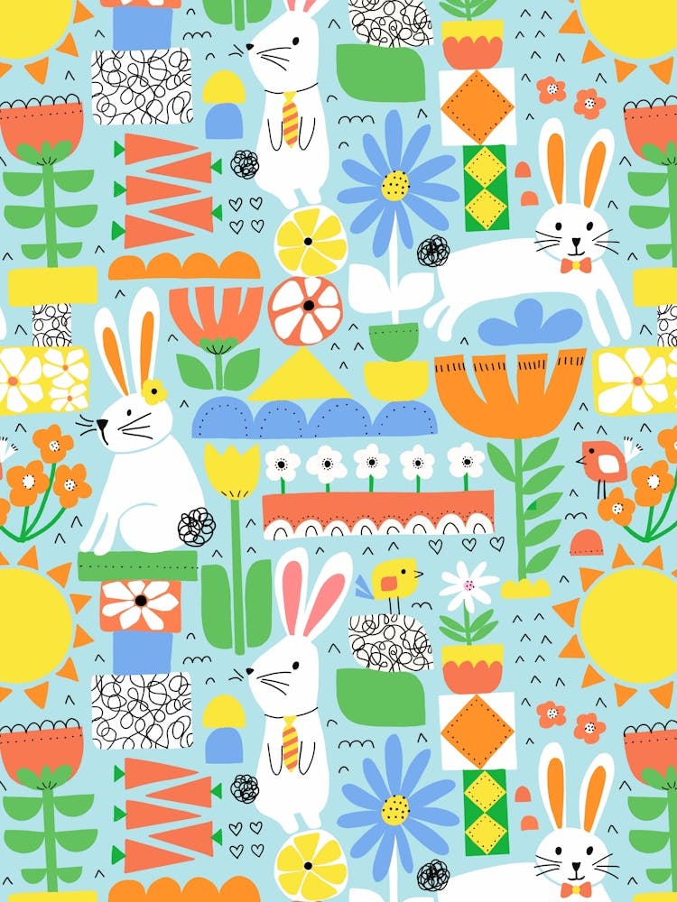 Cute Easter Bunnies and Birds Cut Out Collage Bright Rainbow Kids