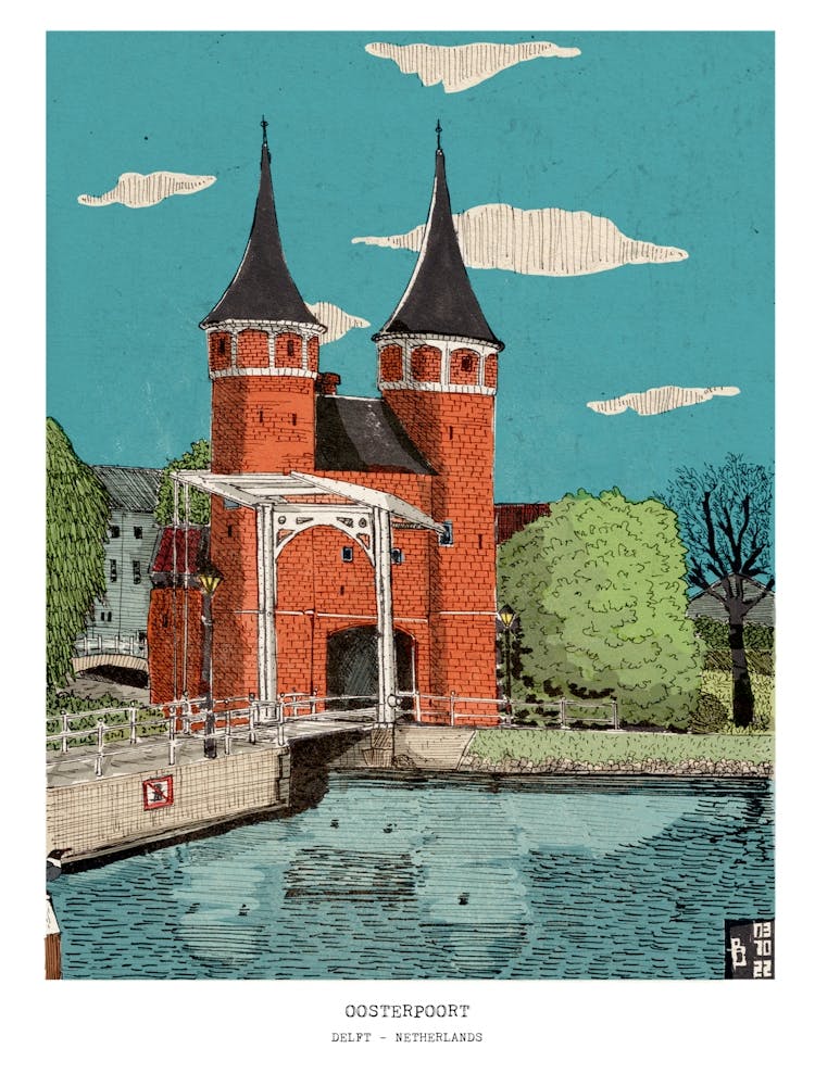 Oosterpoort Eastern Gate Delft Netherlands Digital Drawing