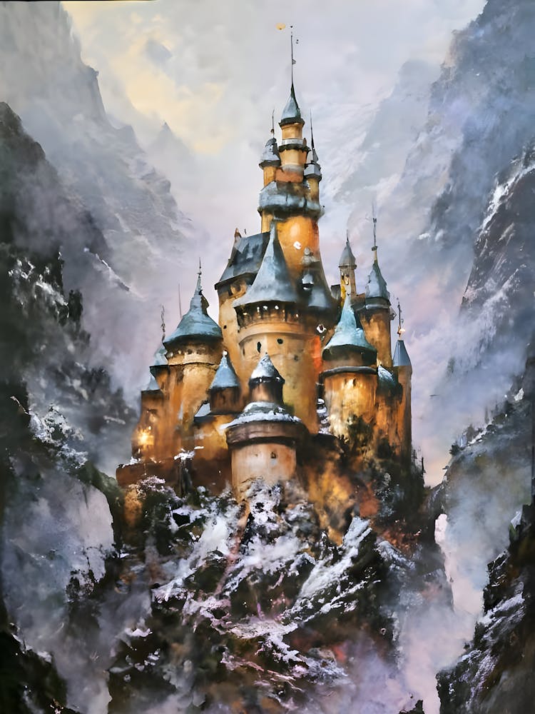 Castle In The Snow, winter, castle,a breathtaking landscape scenery,multilayer view,enchanted stunning visually,dark influenza,ink v3,oil on linen ,oil on canvas,hyperrealism, artistic masterwork,perfect painting,soft color,inspired by wadim kashin, 1