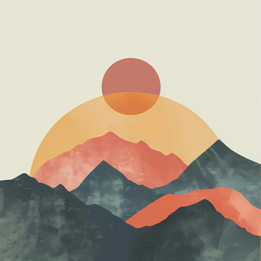 A Hand Drawn Pastel Minimalist Illustration Of A Sunset In The Mountains