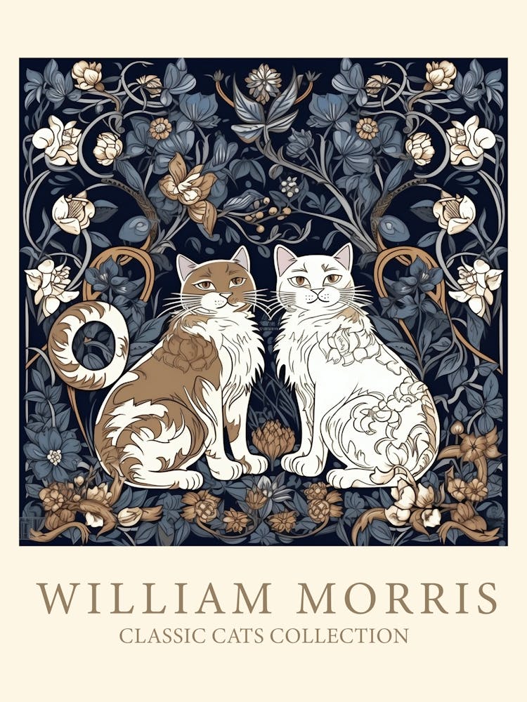 William Morris  Inspired  Classic Cats Brown And White Blue Kittens