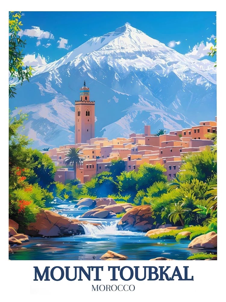 Mount Toubkal Affiche High Atlas Mountains Affiche Art Villages Berbères Art Montagne de l'Atlas Impression Mount Toubkal Art Mural Mount Toubkal