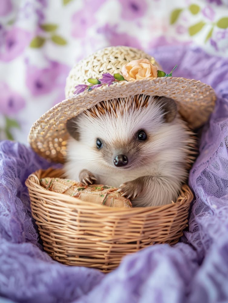 Hedgehog In A Basket.Generated AI. Wall