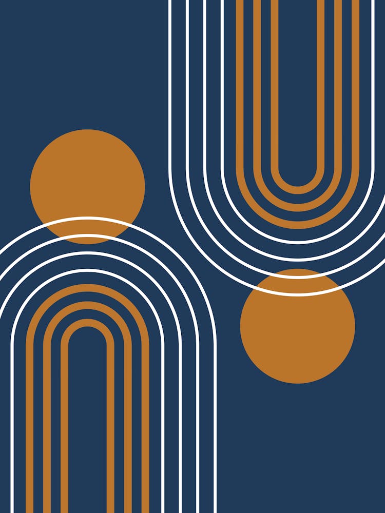 Mid Century Modern Geometric B25 In Navy Blue And Copper (Rainbow And Sun Abstract) 01