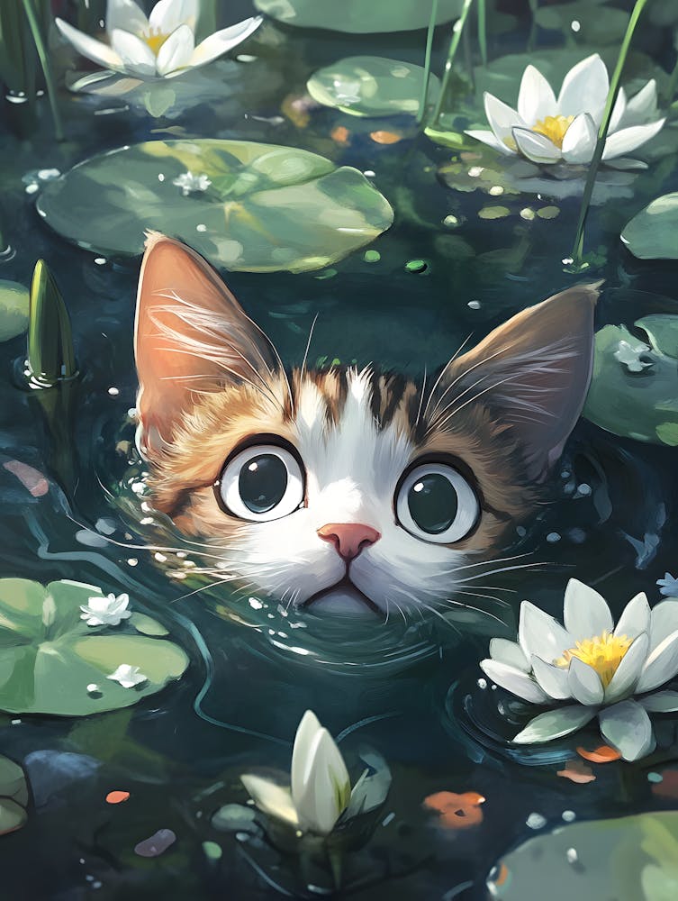 Cute Cat Swimming Among Water Lilies 7