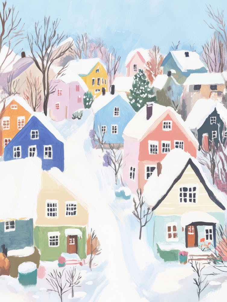Winter Village Gouache Painting