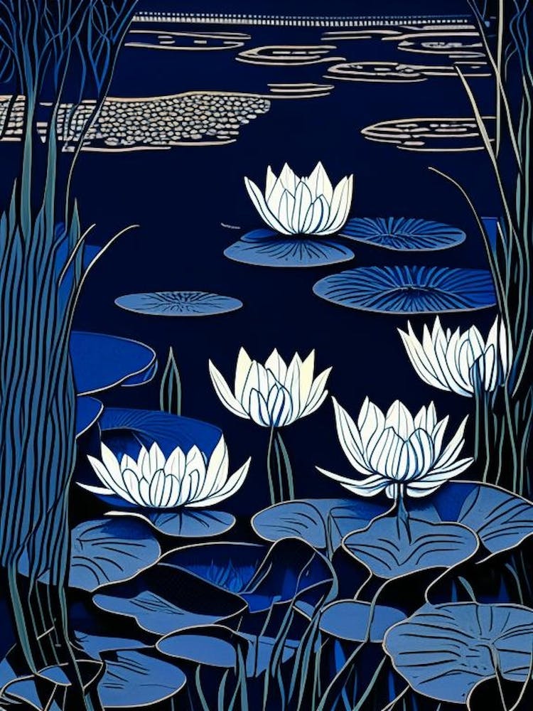 Water Lilies Waterscape Linocut 1