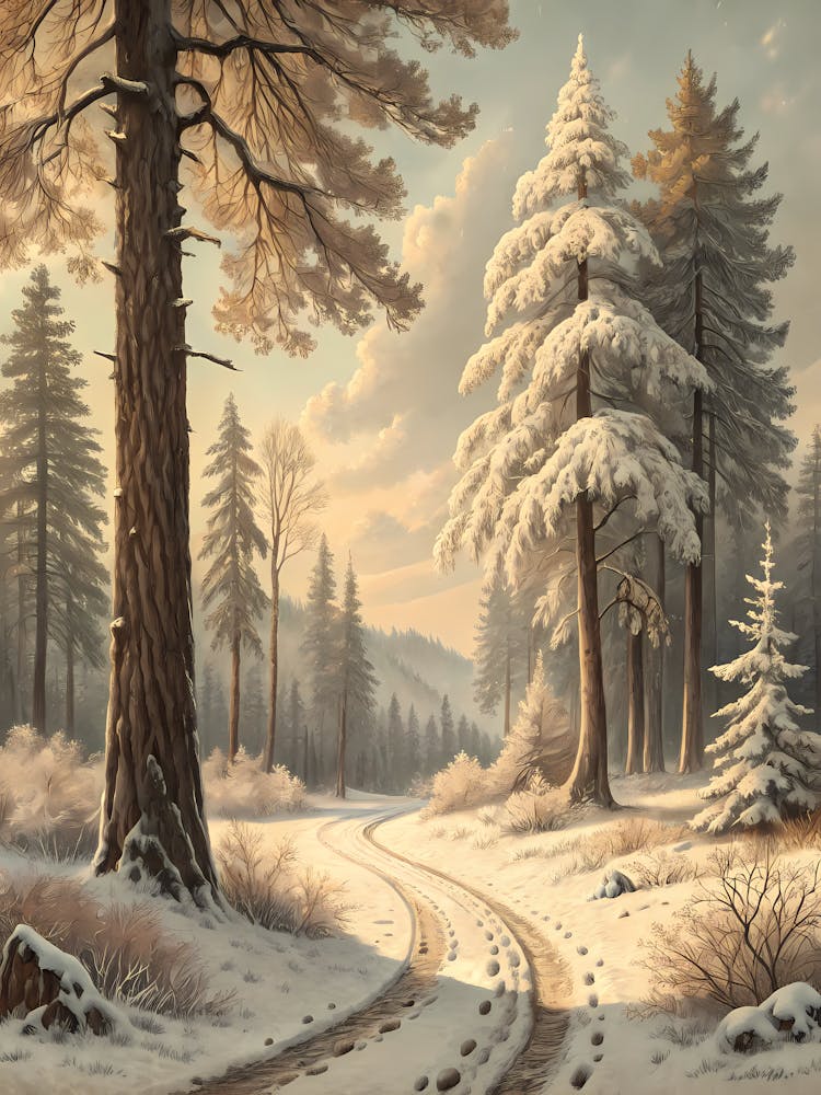 Verschneiter Wald Mit hohen Bäumen Und Altem Pfad Retro 2