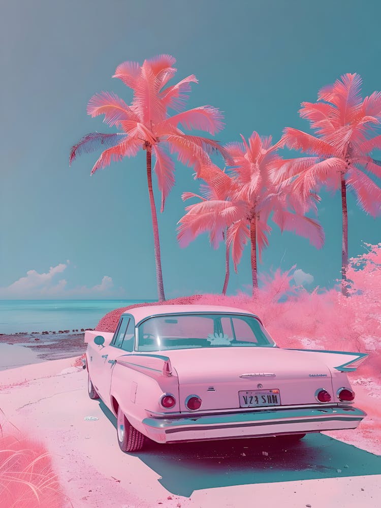 Pink Car On The Beach 1