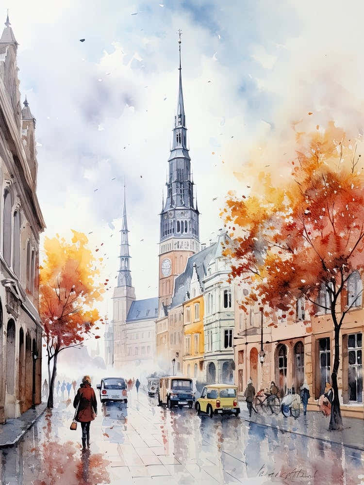 Riga Latvia In Autumn Fall, Watercolour 4