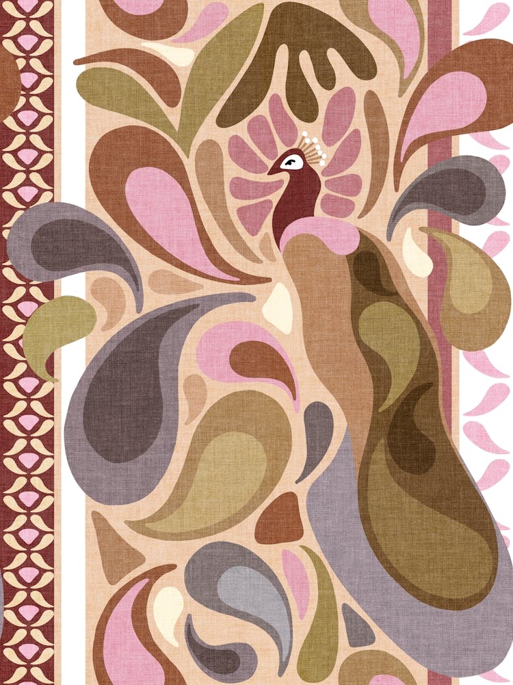 Retro Fall Deco Peacock Paisley Stripes in Earthy muted green, blue, pink