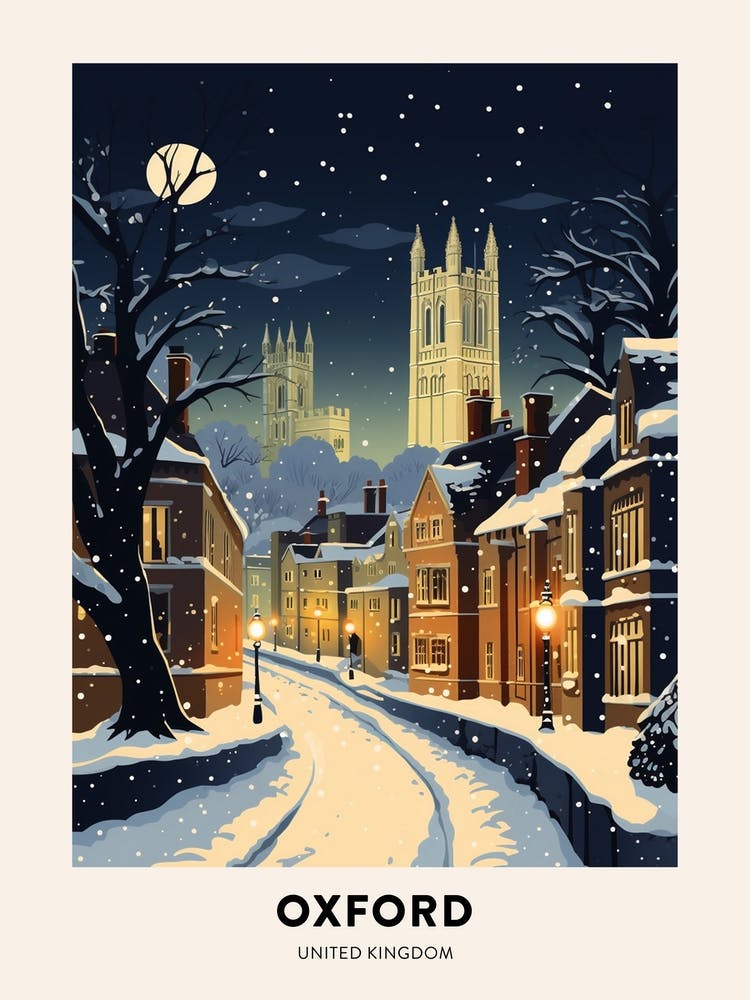 Winter Night  Travel Poster Oxford United Kingdom 1
