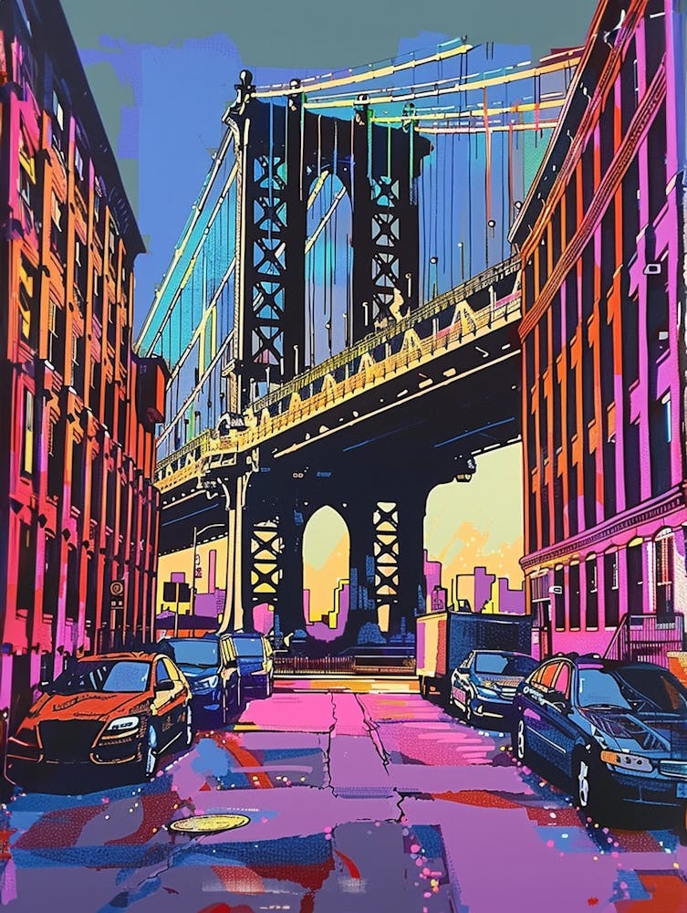 Dumbo Down Under The Manhattan Bridge Overpass Colourful Silkscreen Illustration 1