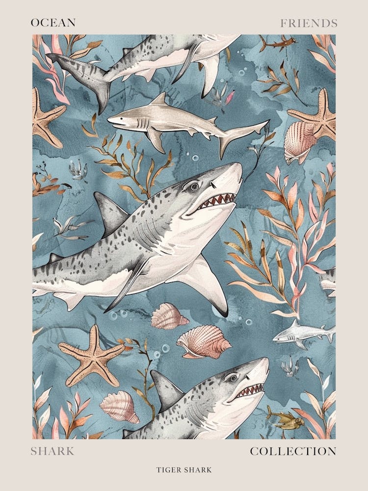 Pastel Blue Tiger Shark Watercolour Seascape Pattern 3 Poster