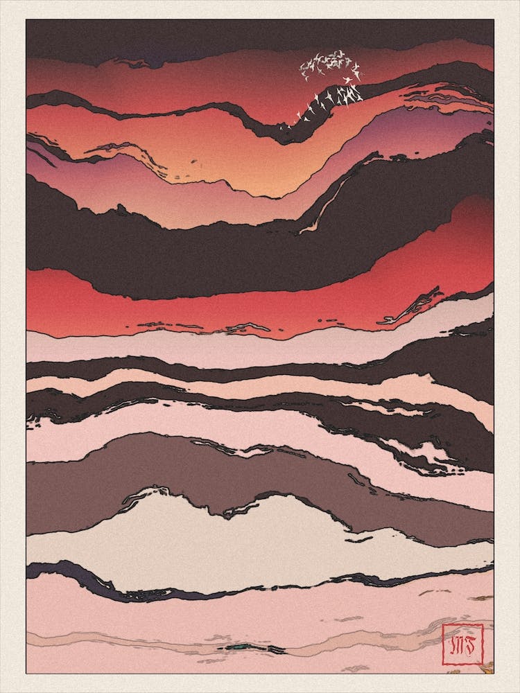 Abstract Sunset Landscape Inspired By Minimalist Japanese Ukiyo E Painting Style 6