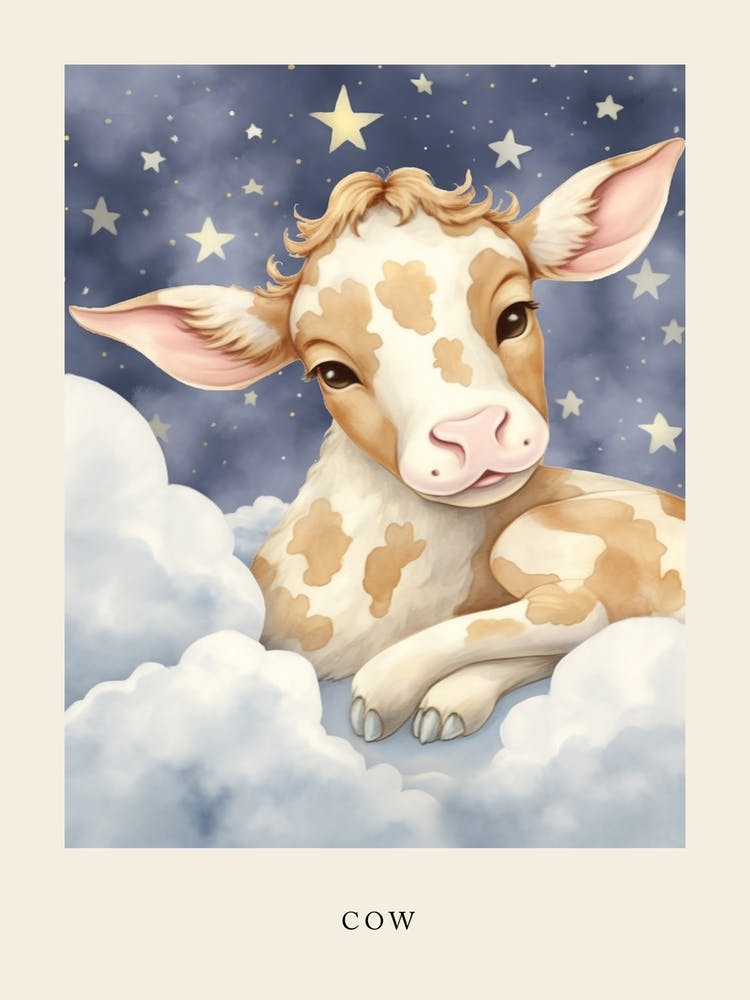 Sleeping Baby Cow Nursery Poster