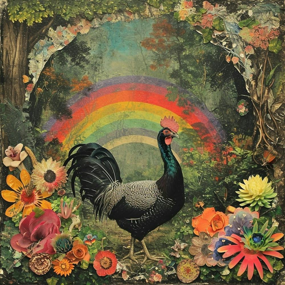 Retro Floral Rooster In The Woods Collage