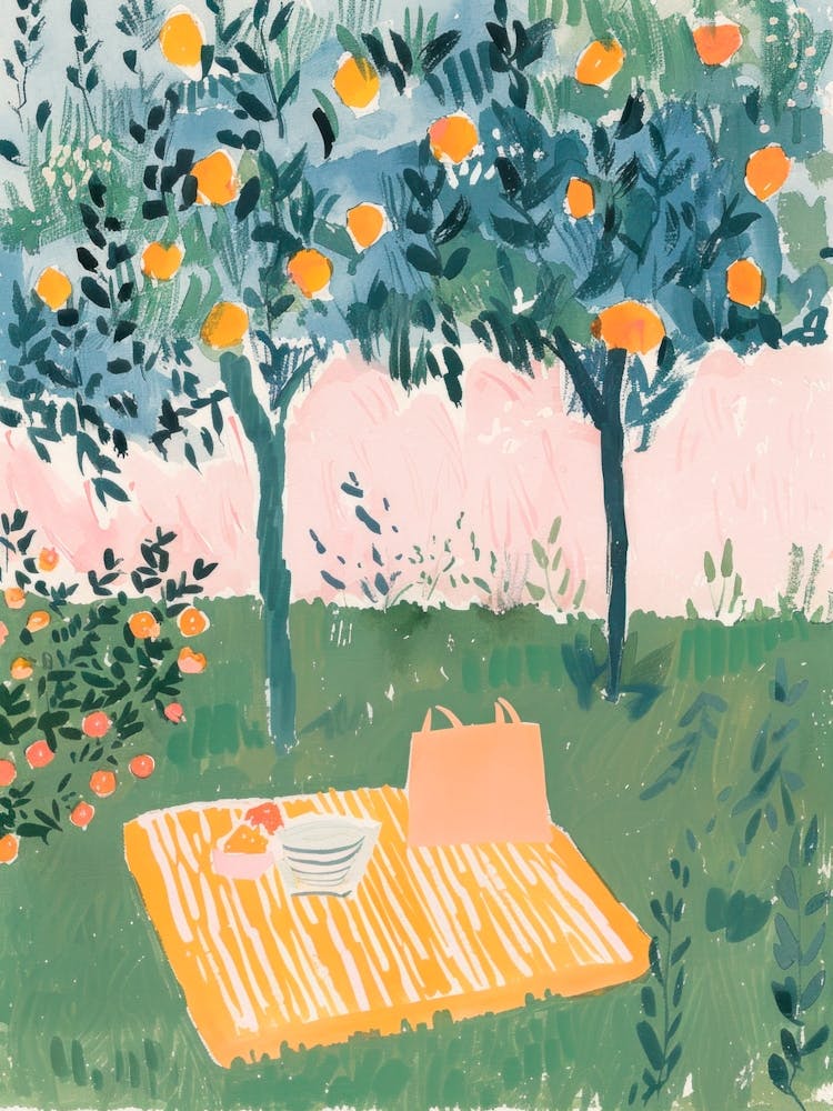 Picknick im Orangenhain. Sommergartenszene Gouache
