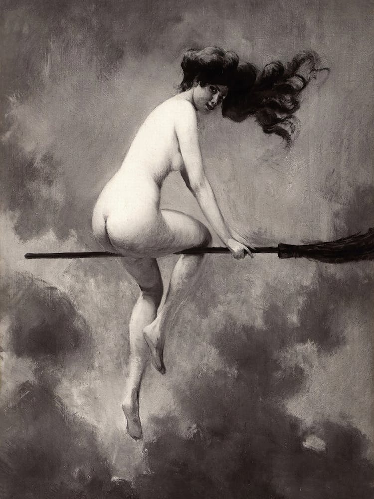 Nude Witch On A Broom, Vintage Halloween Art