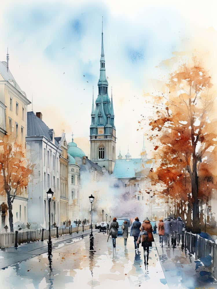 Copenhagen Denmark In Autumn Fall, Watercolour 3